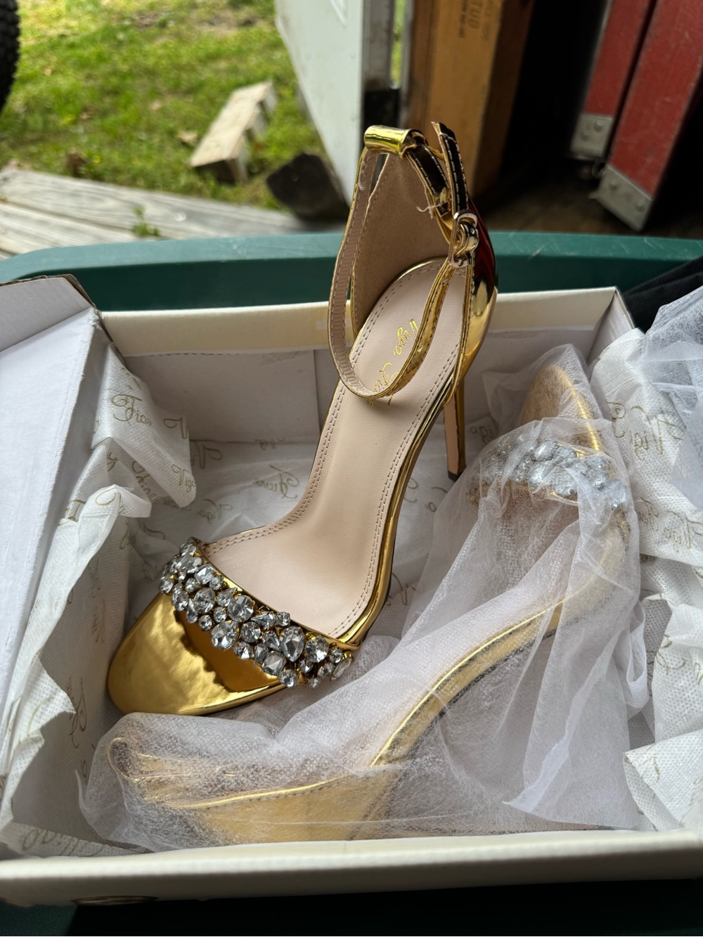 Gold Jeweled Ankle-Strap Stiletto Heels